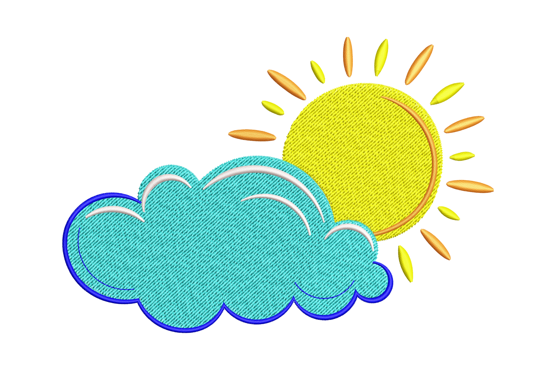 Cartoon sun and cloud embroidery design, yellow sun with orange rays peeking behind aqua cloud, navy outline, kids nursery style