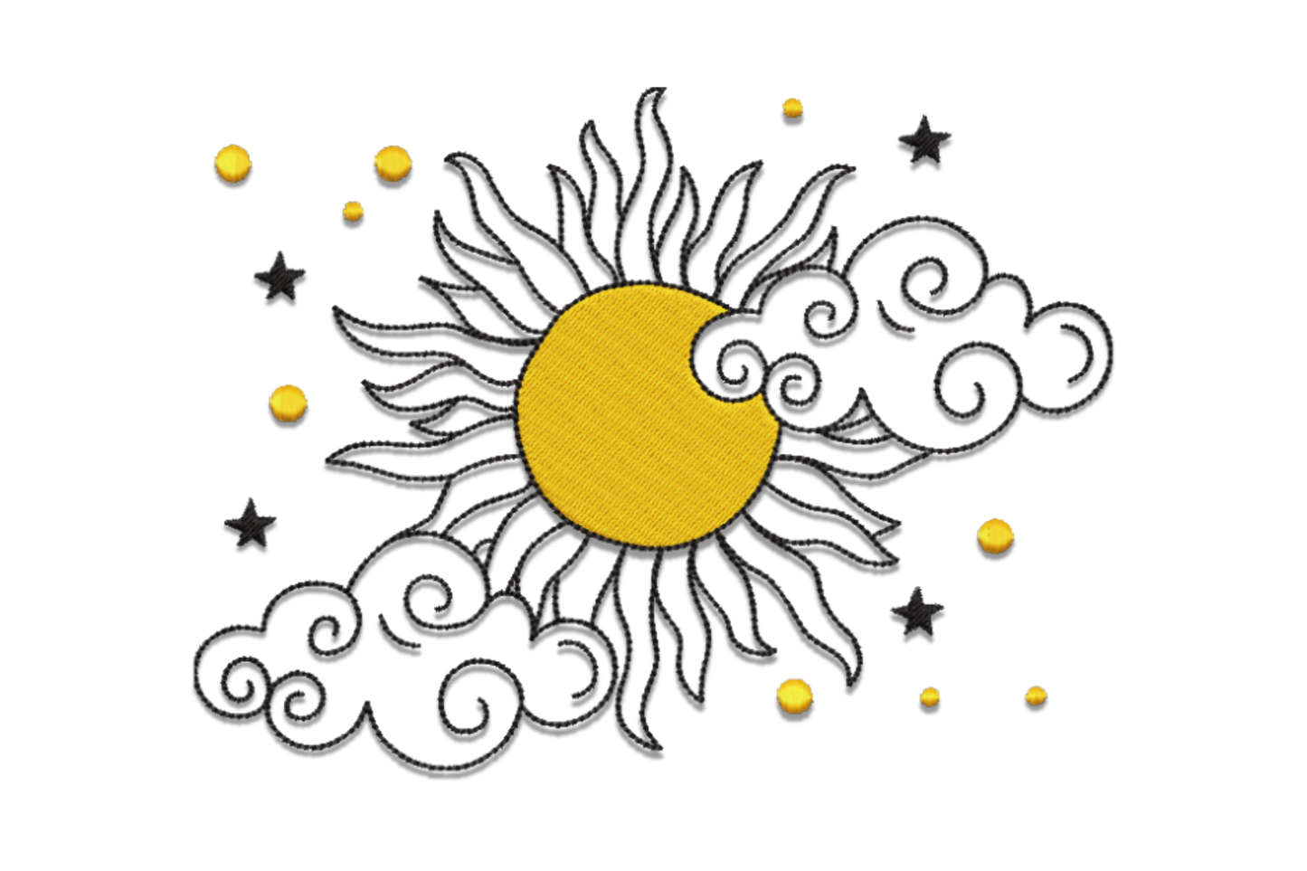 Boho sun and clouds embroidery design with orange satin sun disc, swirling spiral clouds, scattered five-pointed stars and dot accents in black outline