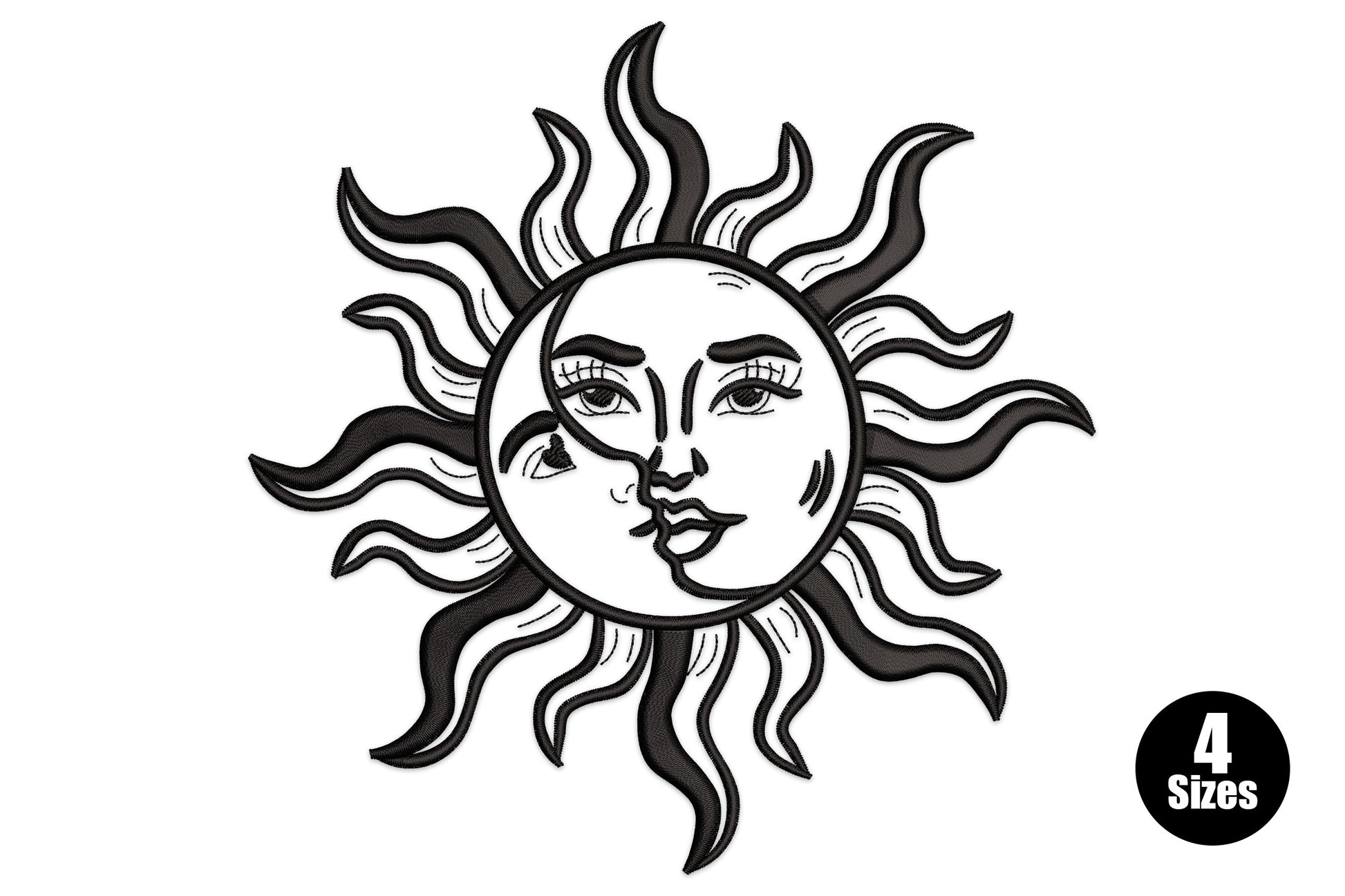 Vintage sun face embroidery with detailed eyes and closed mouth surrounded by wavy serpentine ray flames in black line art.