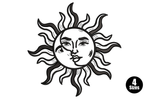 Vintage sun face embroidery with detailed eyes and closed mouth surrounded by wavy serpentine ray flames in black line art.