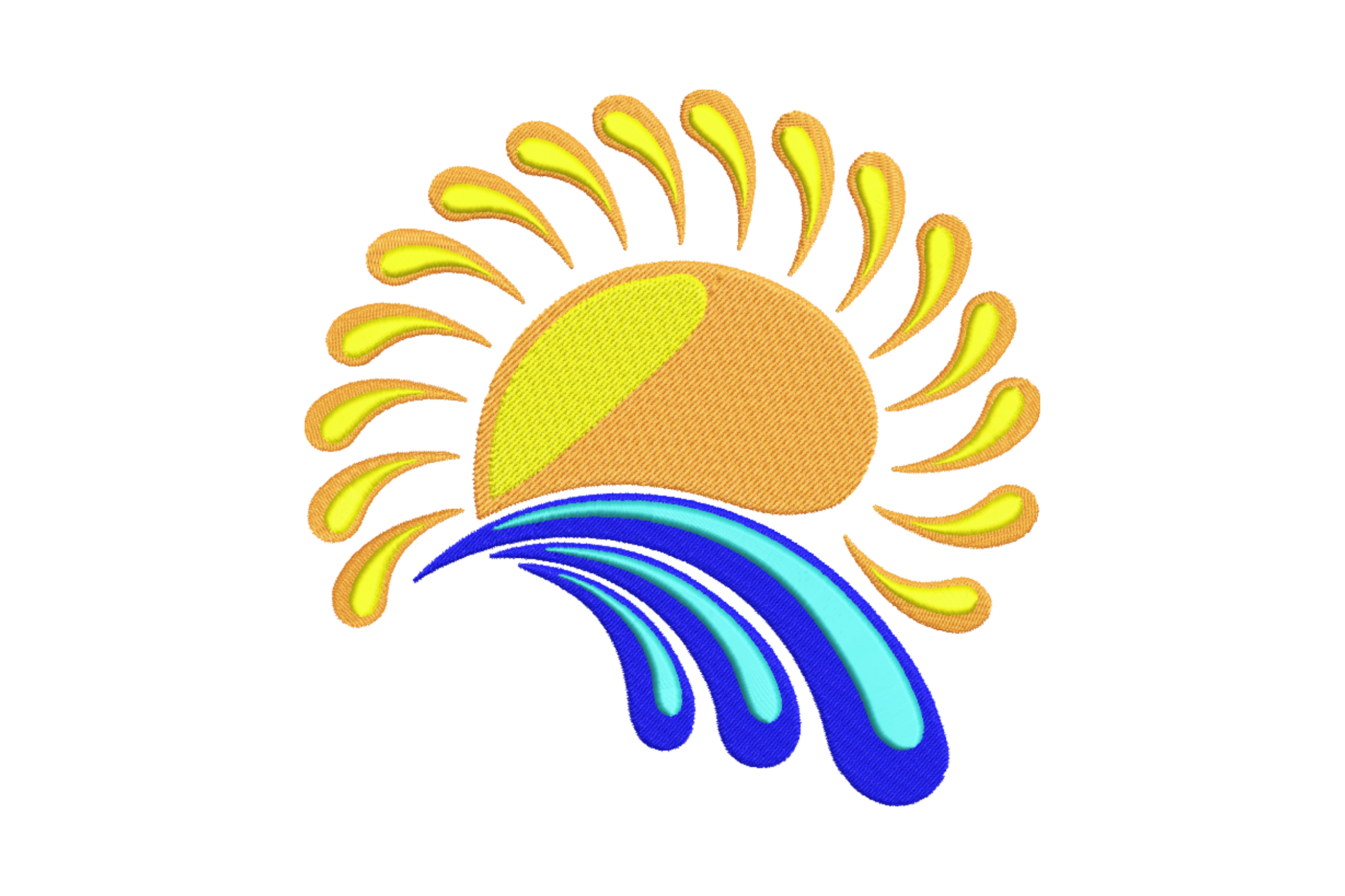 Bold sun and ocean wave embroidery with teardrop amber rays above three stacked blue wave arcs and water droplets flicking off the curl.