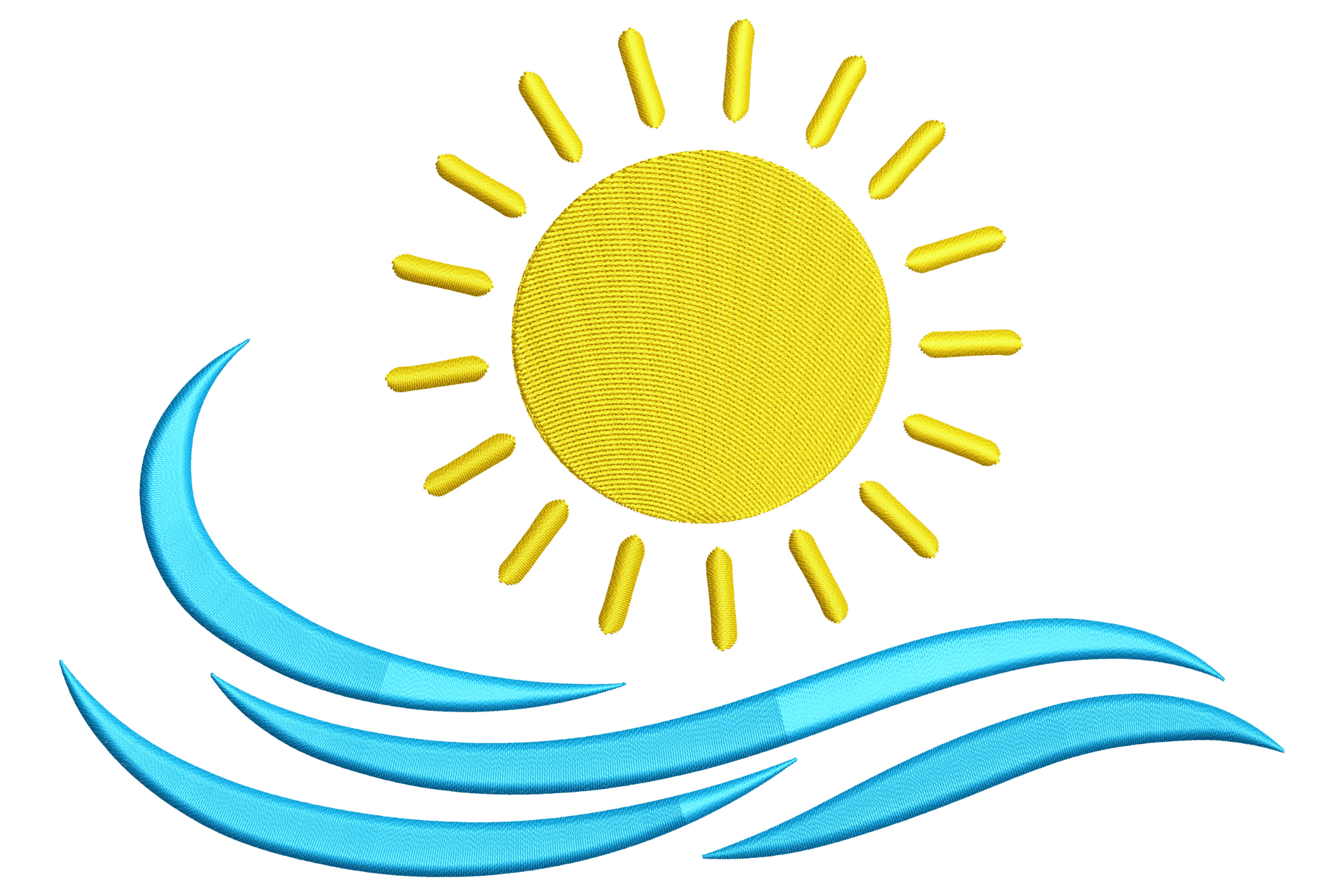 Sun and waves embroidery design with minimal outline sun circle above rolling wave lines, two colours golden yellow and sky blue, clean line style.