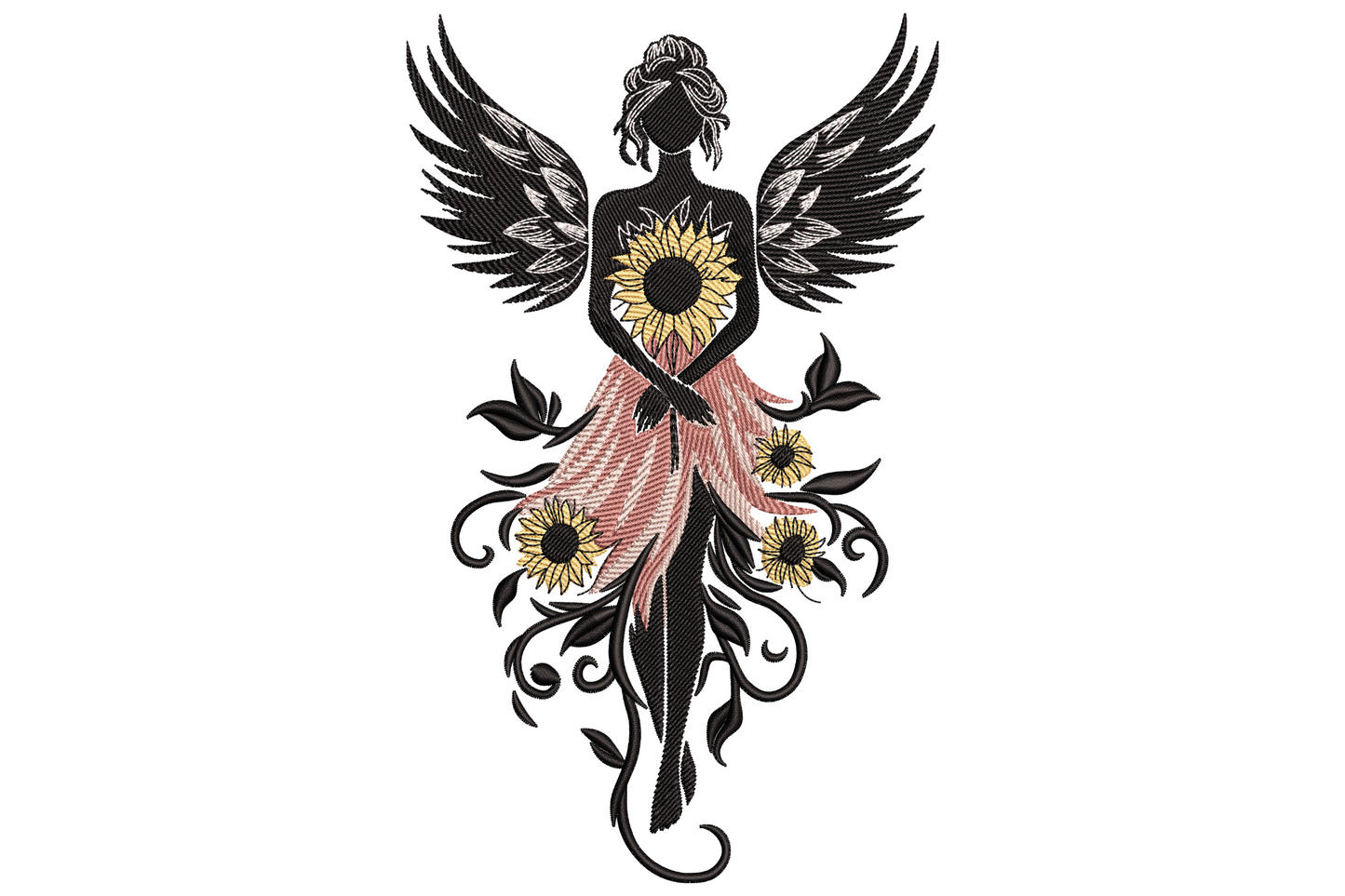 Sunflower angel silhouette embroidery design with black robed angel, feathered wings, and a bouquet of golden sunflowers on a peach watercolour wash.