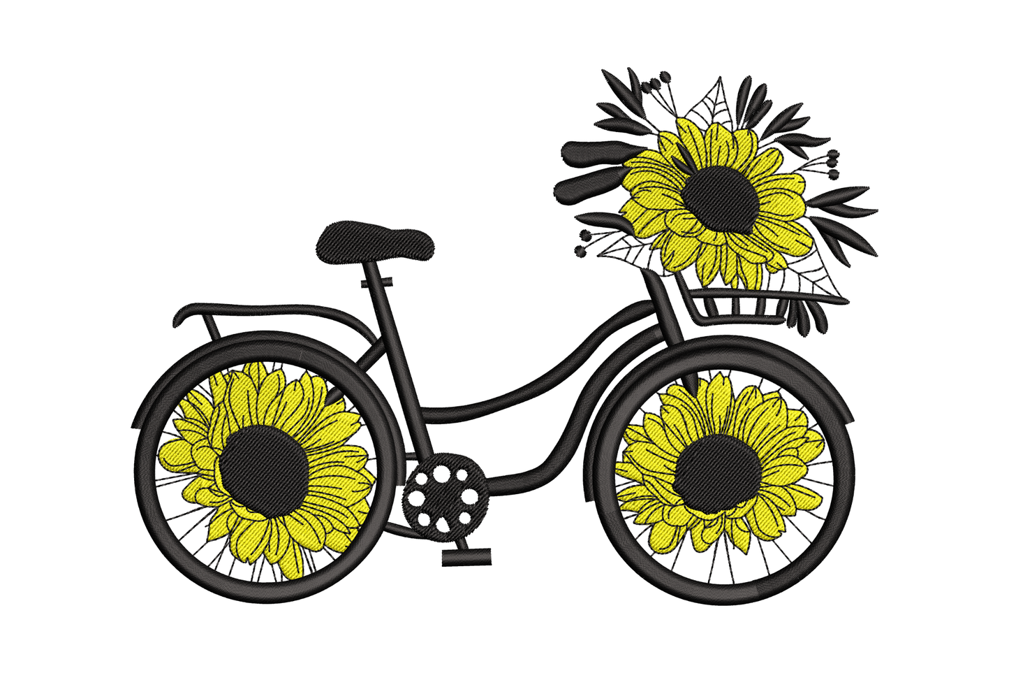 Sunflower bicycle embroidery, black vintage cruiser bike with yellow sunflower wheels and a front basket of sunflowers.