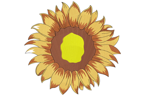 Sunflower bloom embroidery design, full-face flower with amber and rust petals and a textured dark brown centre.