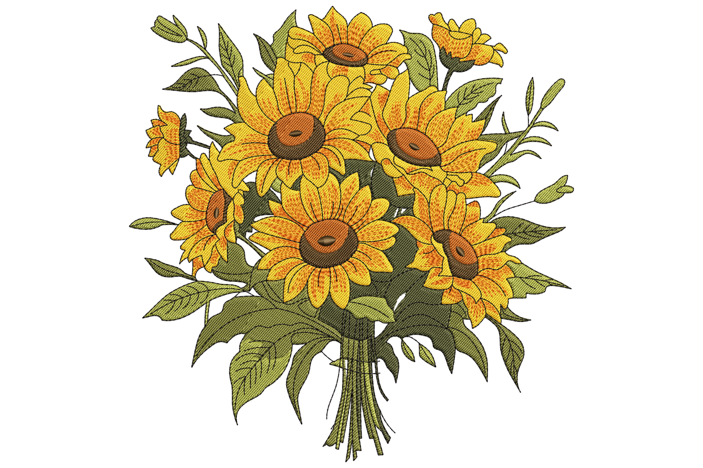 Sunflower bouquet embroidery with seven yellow blooms, dark brown centres, olive green leaves and a hand-tied stem wrap.
