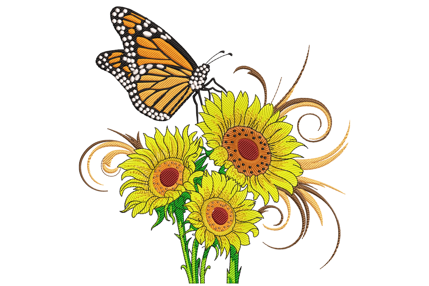 Summer bouquet embroidery with three sunflowers, white daisies and a monarch butterfly resting on a golden top petal.