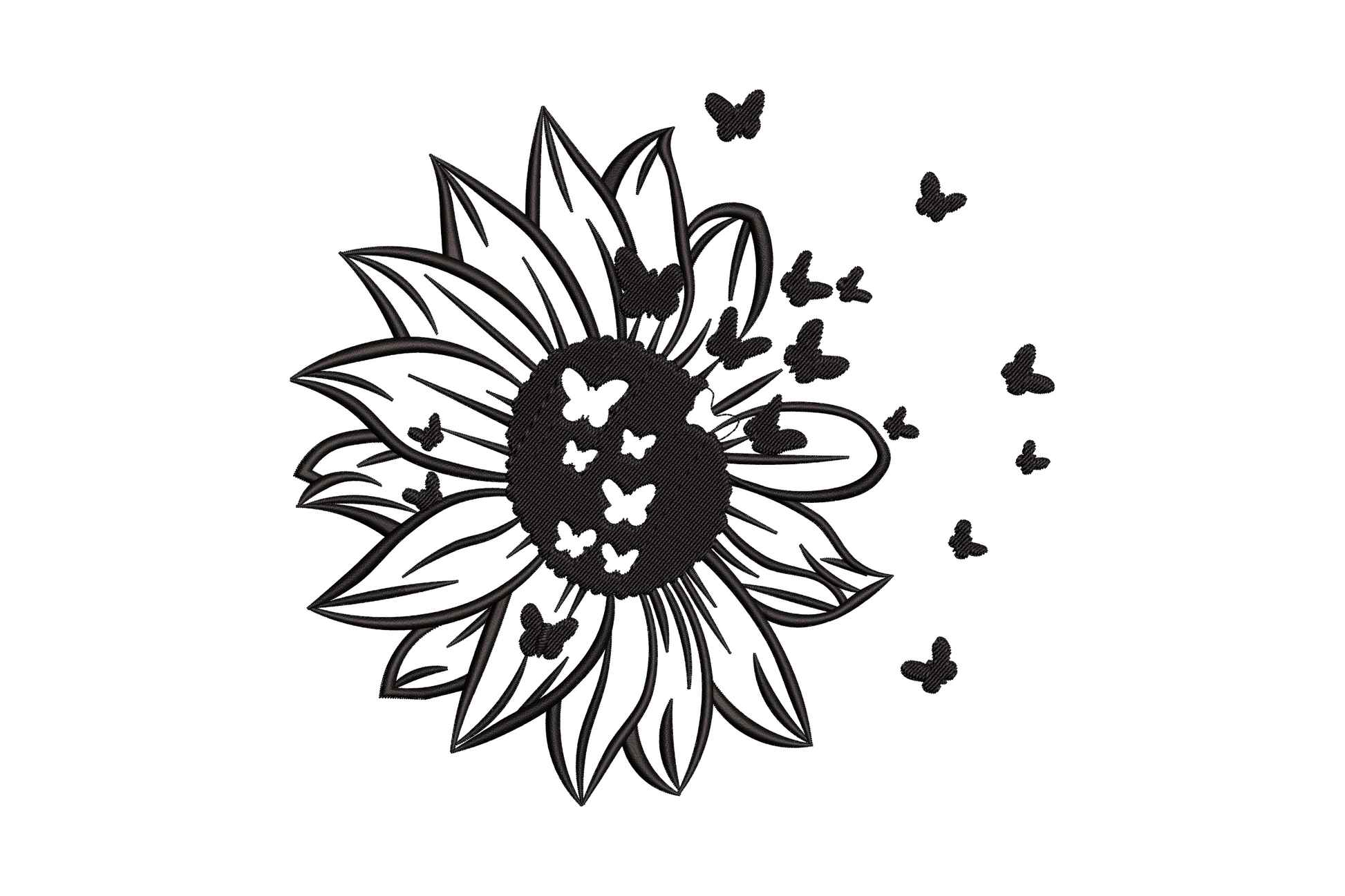 Sunflower butterfly burst embroidery design single colour, sunflower centre with butterflies radiating outward in satin fills