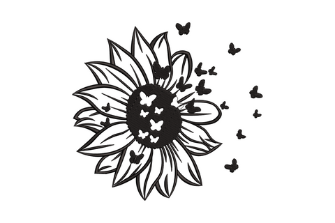 Sunflower butterfly burst embroidery design single colour, sunflower centre with butterflies radiating outward in satin fills