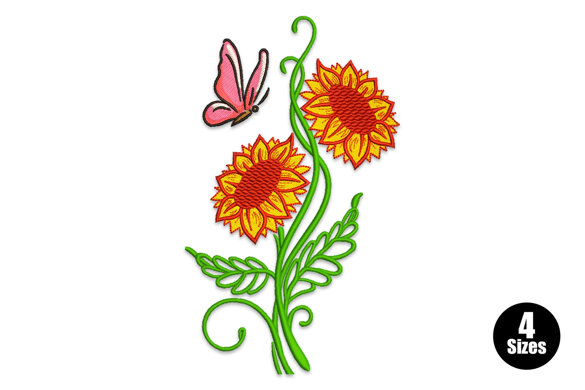 Sunflower butterfly machine embroidery design showing large golden sunflower with monarch butterfly perched on petals in 8 colours including orange black and gold thread on neutral fabric