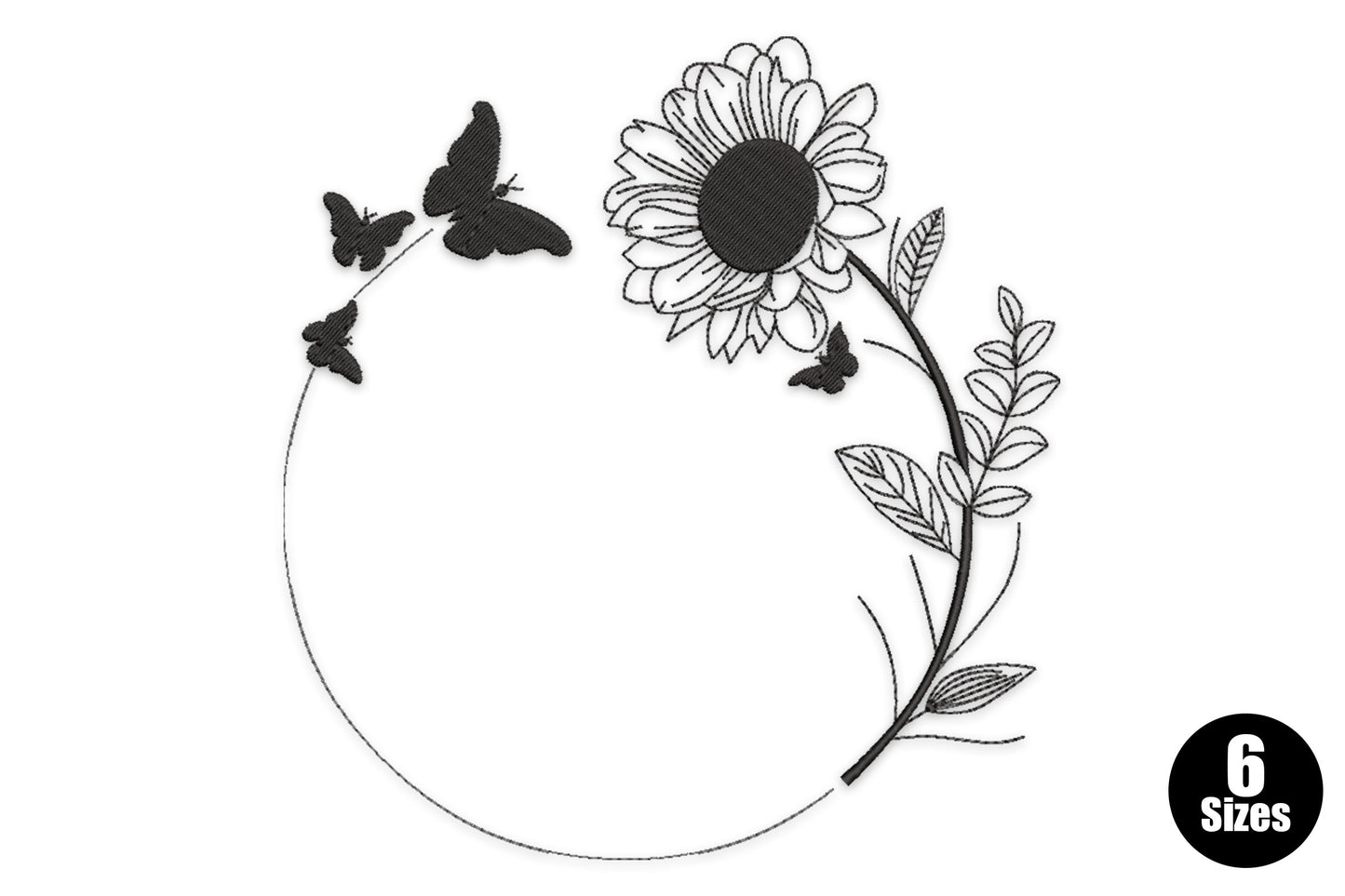 Sunflower butterfly wreath embroidery design with fine black outline circle, sunflower on a leafy stem and four small butterflies spaced around the arc.