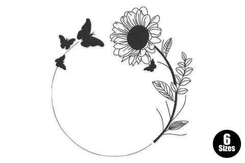 Sunflower butterfly wreath embroidery design with fine black outline circle, sunflower on a leafy stem and four small butterflies spaced around the arc.