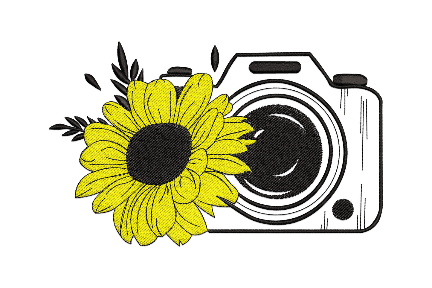 Sunflower camera embroidery with bright yellow petals overlapping a detailed black DSLR camera body and black leaf sprigs.