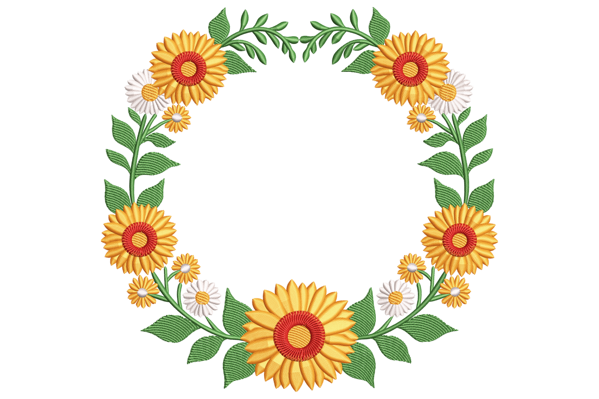 Mustard sunflower and white daisy embroidered wreath frame with green leaves around an empty centre for monogram