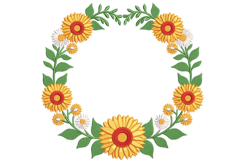 Mustard sunflower and white daisy embroidered wreath frame with green leaves around an empty centre for monogram