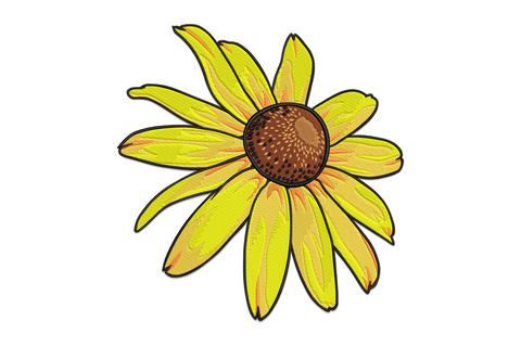 Machine embroidery design of a botanical sunflower with yellow petals, amber shading, chocolate brown seed disc, and green stem on white.