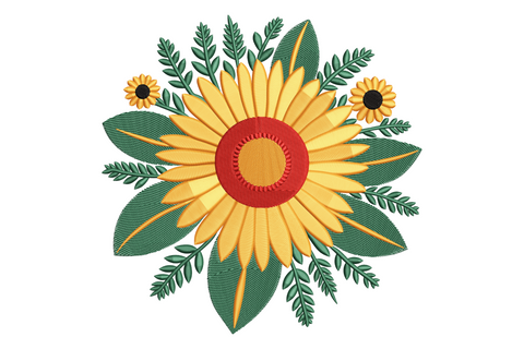 Sunflower floral bouquet embroidery design, large golden sunflower with 2 smaller flanking blooms, deep green leaves and fern sprigs, bold color fill.