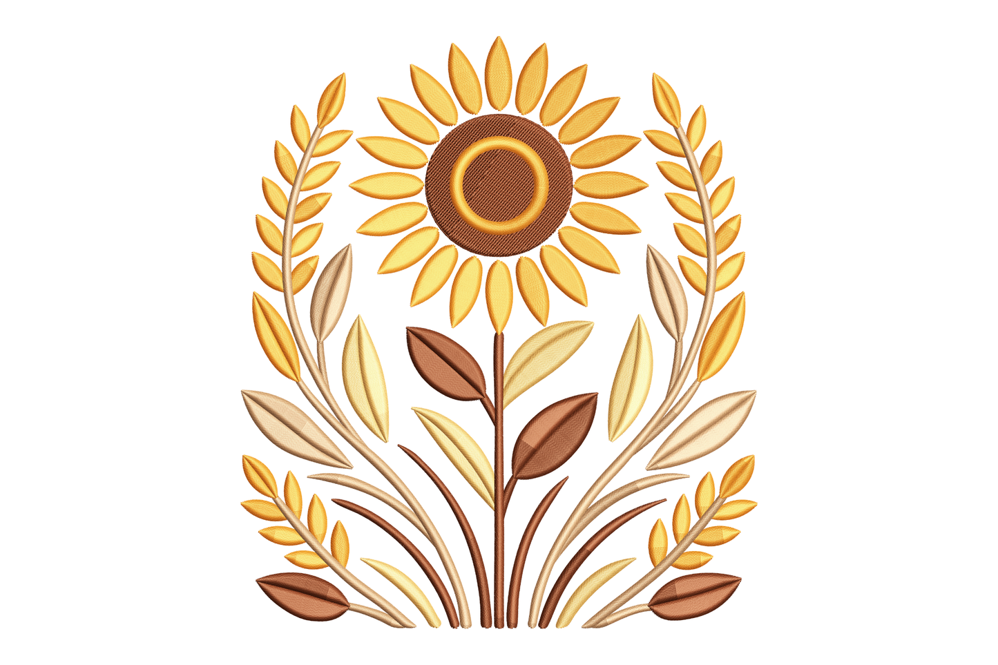 Decorative design of a sunflower with leaves embroidery design