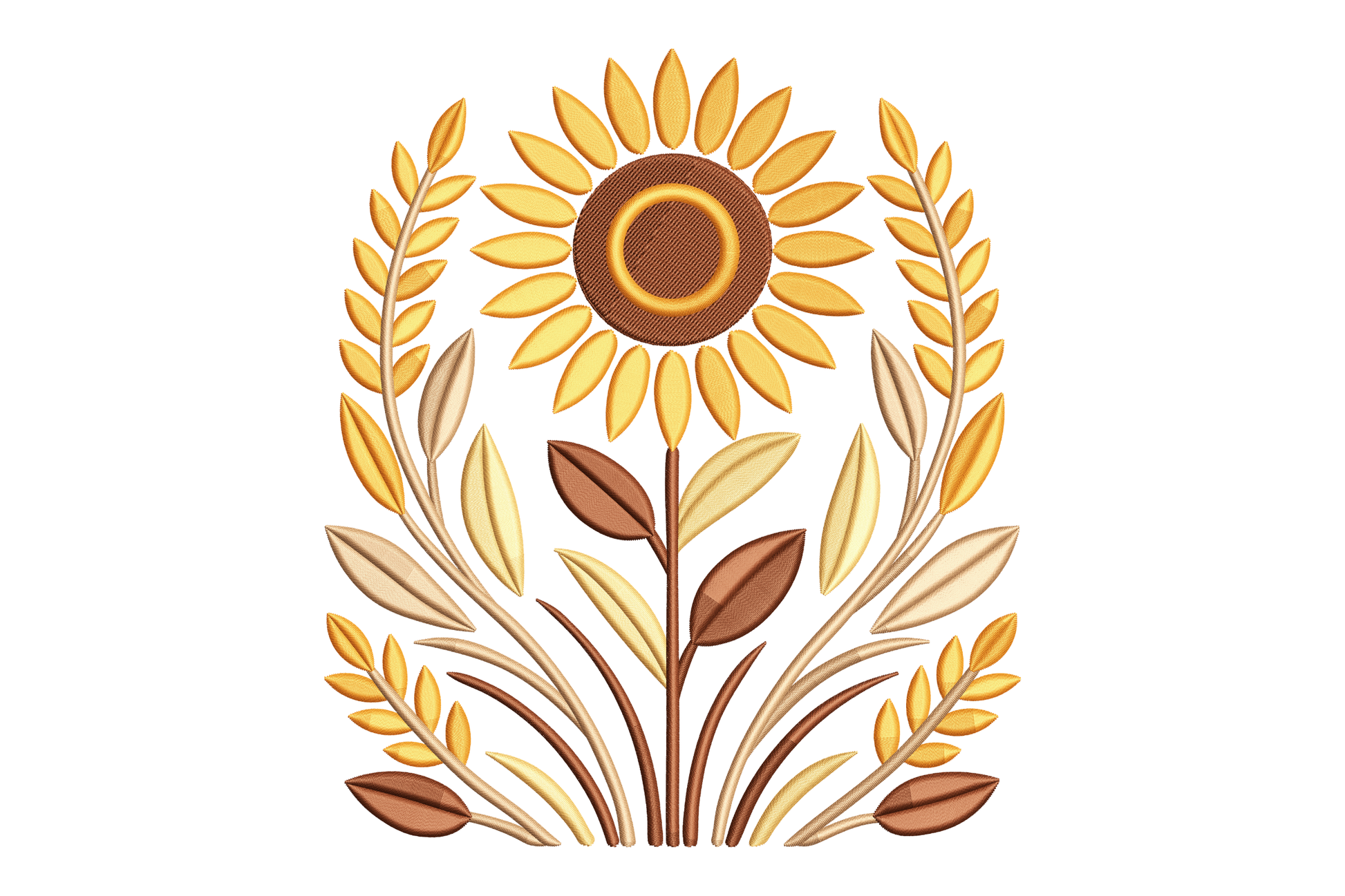Decorative design of a sunflower with leaves embroidery design