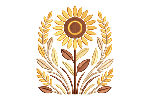 Decorative design of a sunflower with leaves embroidery design
