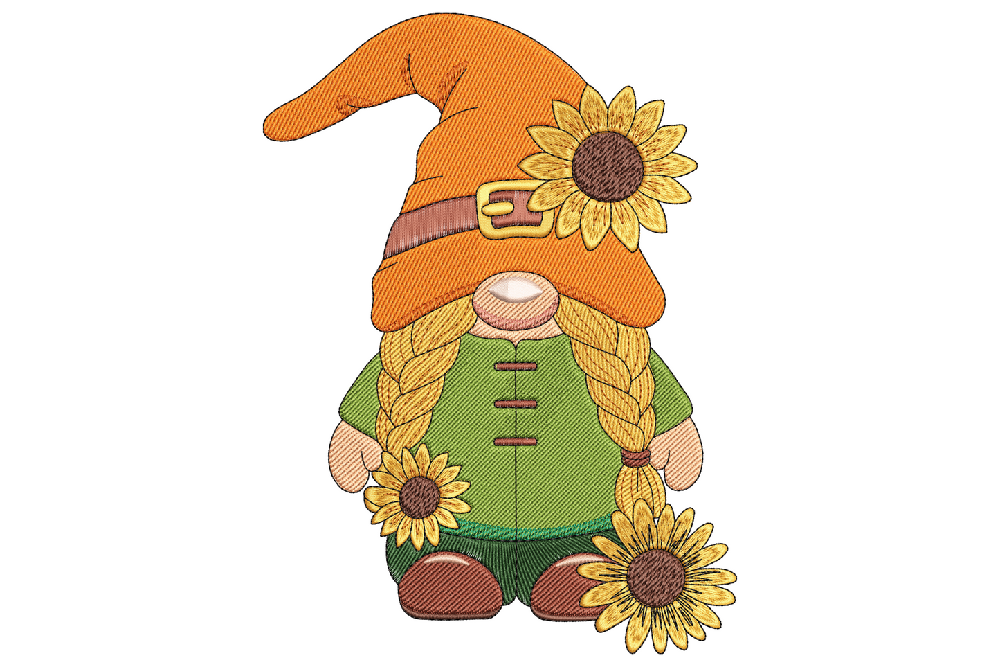 Fall gnome embroidery design with tall orange hat, sunflower decoration, golden braided pigtails and olive green vest.