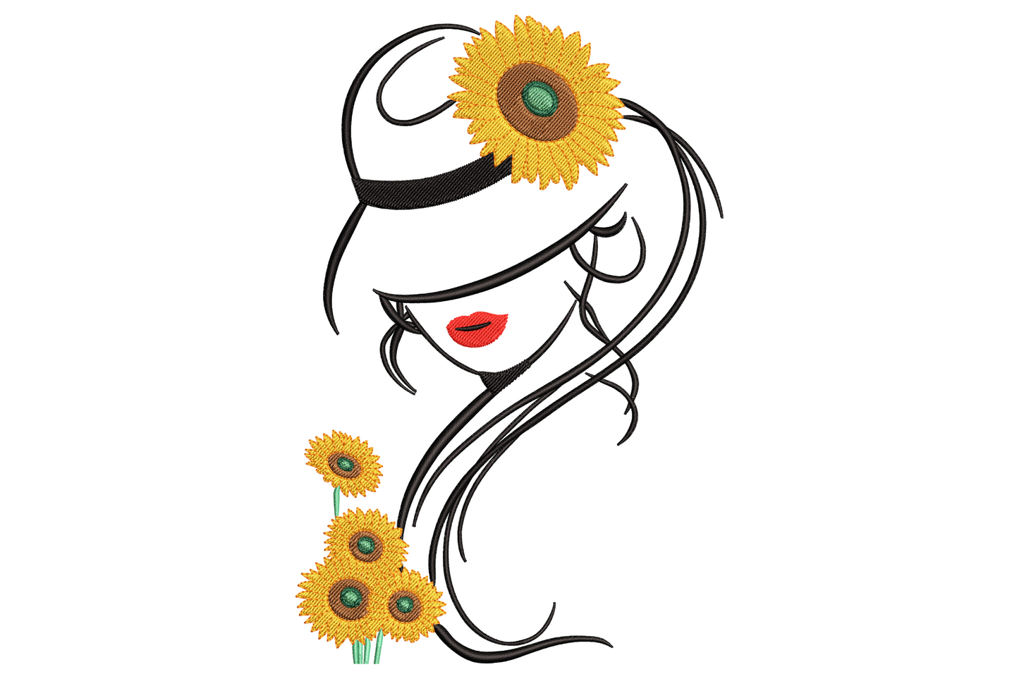 Sunflower girl embroidery design, elegant line-art woman silhouette with wide brim sunhat and golden sunflowers, black and gold palette.