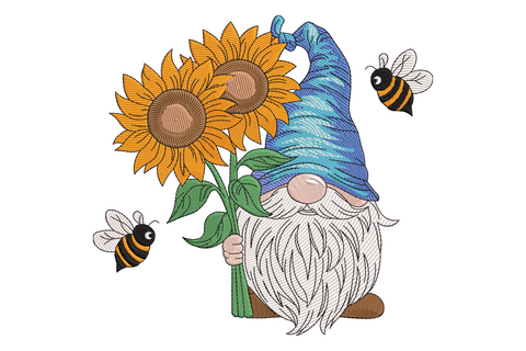 Sunflower gnome machine embroidery design with bright yellow radiating petals as the gnome hat, cream beard, eleven thread colors on white background.