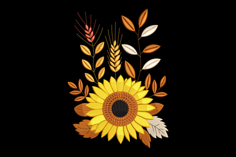 Decorative sunflower design with leaves on a black background