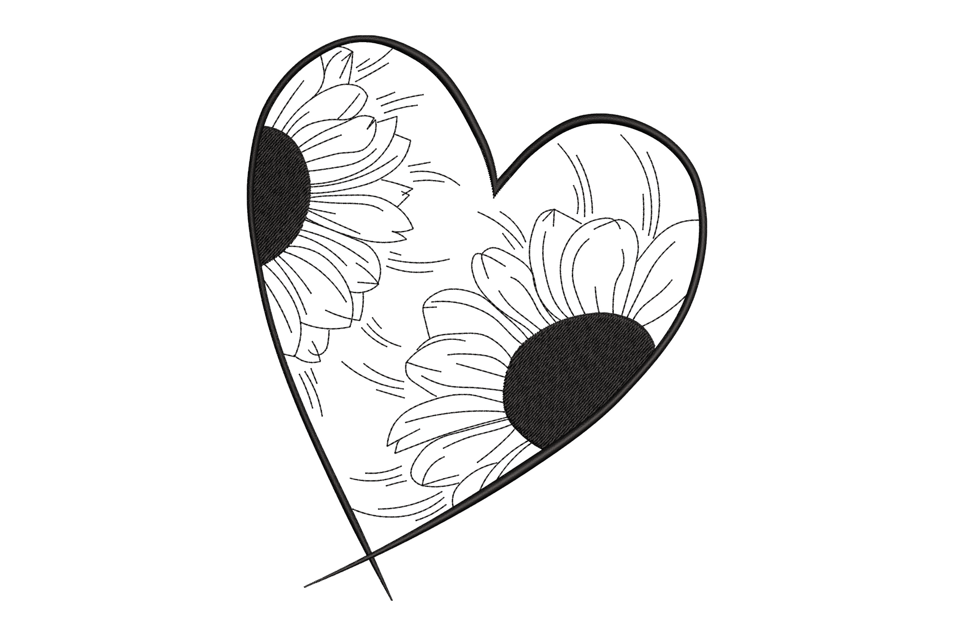 Sunflower heart line art machine embroidery design with two sunflower blooms inside a heart outline, single black colour on white background