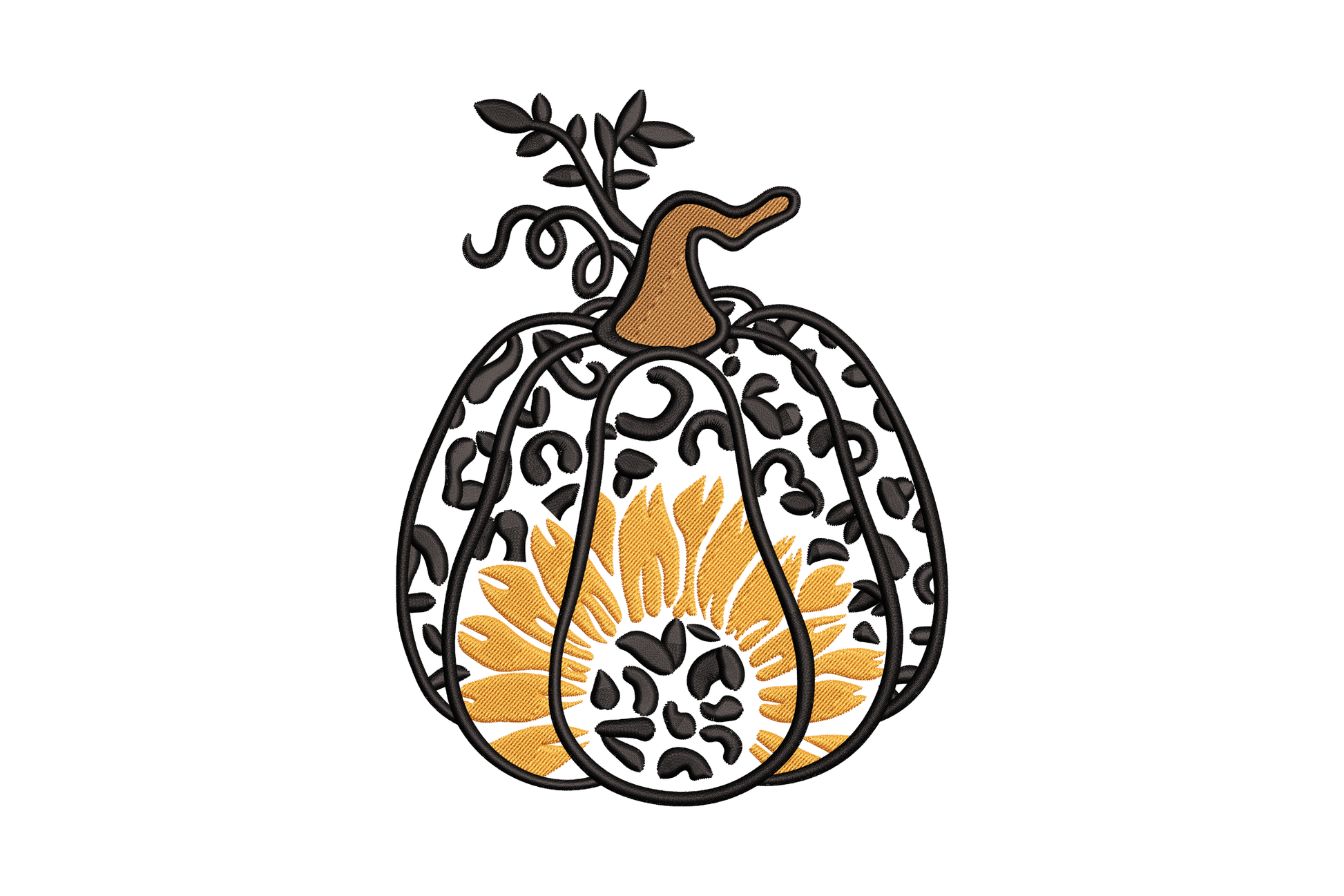 Sunflower leopard pumpkin embroidery design in orange, brown, and black, fall machine embroidery pattern for jackets, totes, and pillow covers.
