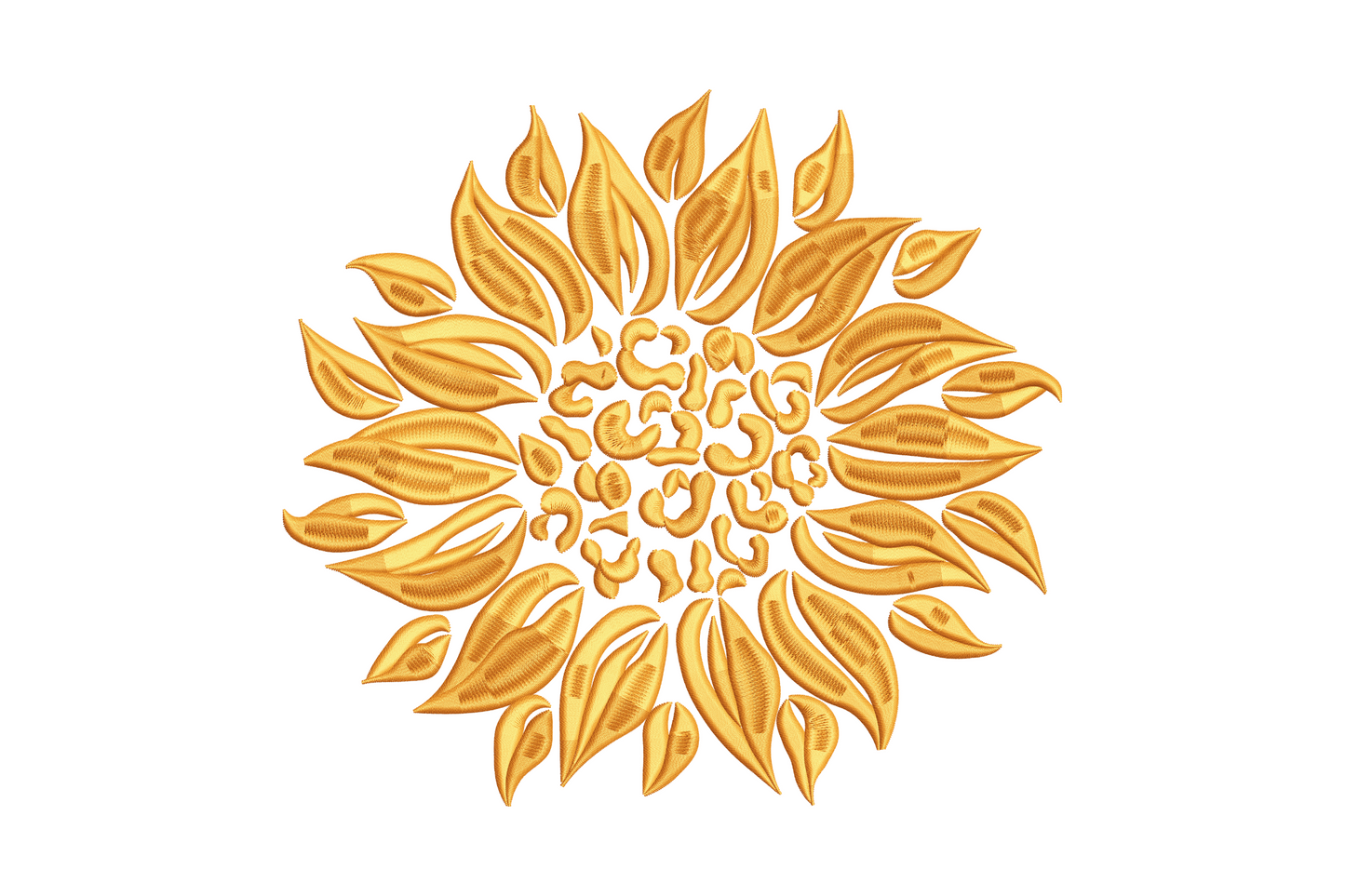 Sunflower mandala embroidery design, single colour circular pattern with flower centre and radiating geometric lacework