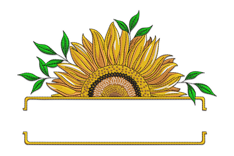 Sunflower name frame embroidery design, half bloom over a rectangular frame in amber and green, machine embroidery.