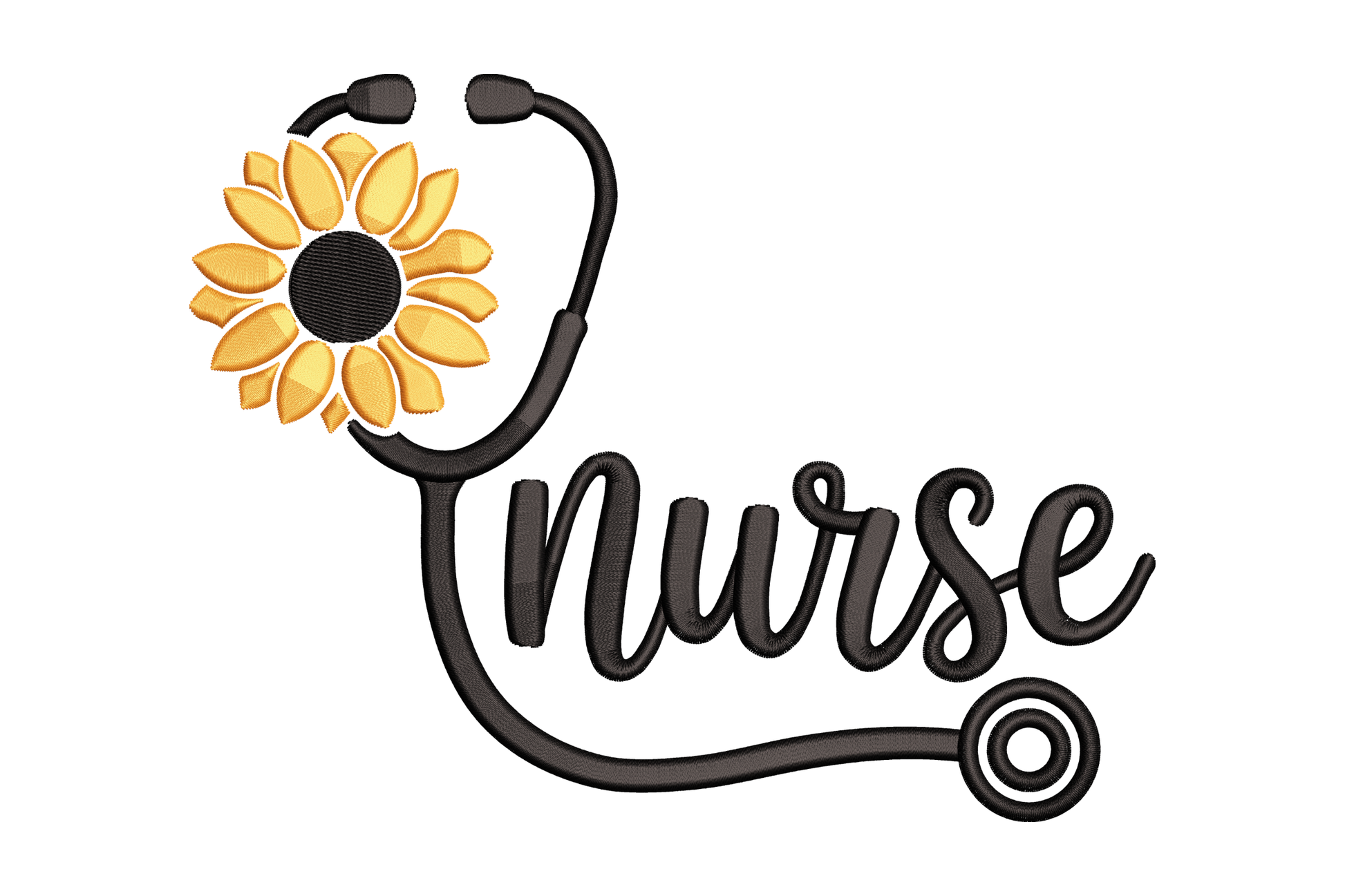 Logo with a sunflower, stethoscope, and the word 'Nurse' embroidery design