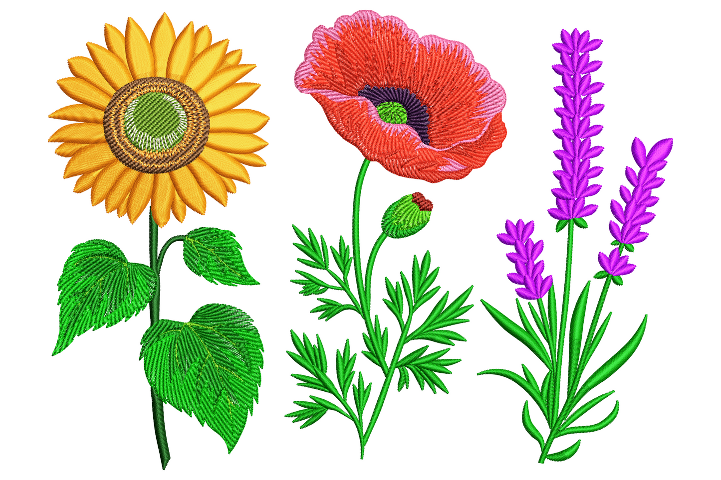 Botanical trio embroidery with orange sunflower, red poppy and purple lavender stalks on green leafy stems.