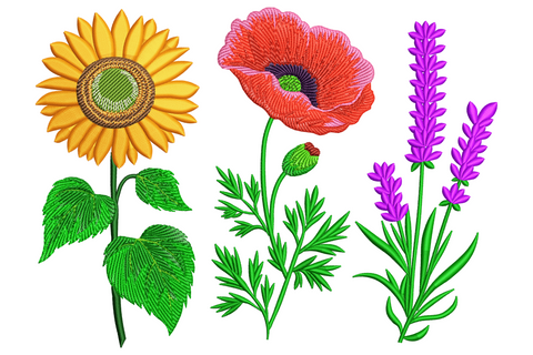 Botanical trio embroidery with orange sunflower, red poppy and purple lavender stalks on green leafy stems.