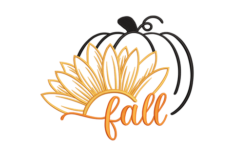 Sunflower growing out of a ribbed pumpkin embroidery in golden yellow, burnt orange and green on a fall harvest theme.