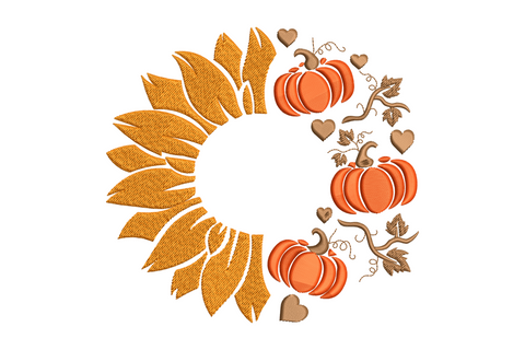 Sunflower pumpkin wreath embroidery design with directional satin petals and three orange pumpkins on a brown vine