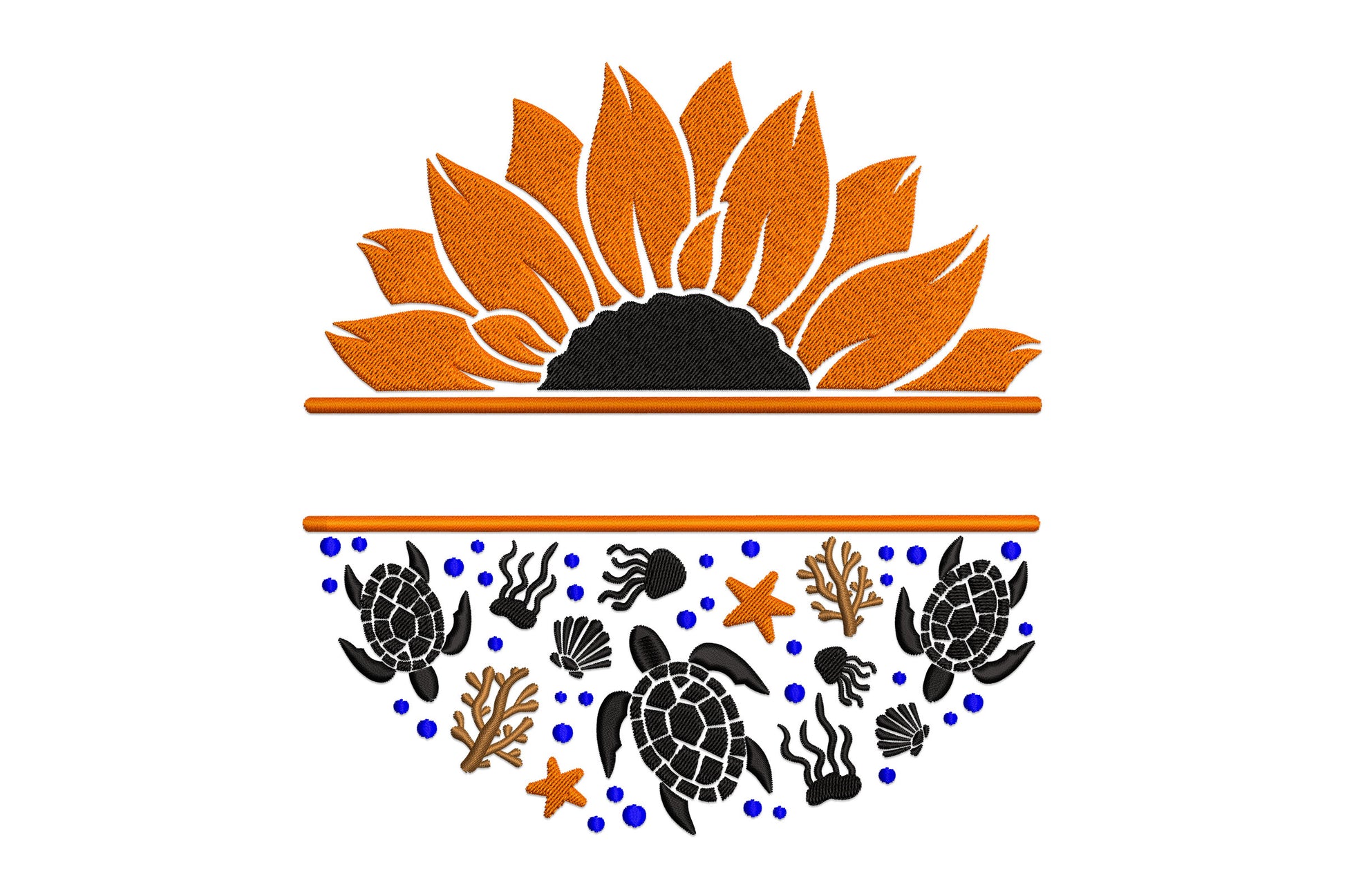 Sunflower sea turtle split embroidery design with orange sunflower top half and semicircular ocean scene below showing turtle silhouettes, coral, starfish and blue dot bubbles.