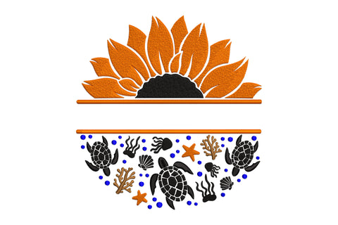 Sunflower sea turtle split embroidery design with orange sunflower top half and semicircular ocean scene below showing turtle silhouettes, coral, starfish and blue dot bubbles.