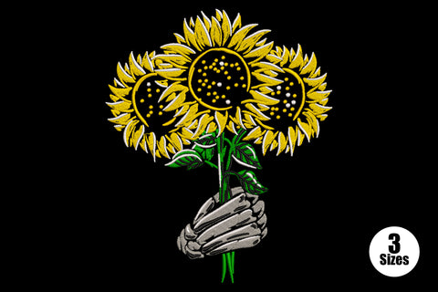 Sunflower skeleton hand embroidery design, grey bone fingers gripping three golden sunflowers on green stems, gothic floral, 5 colours.