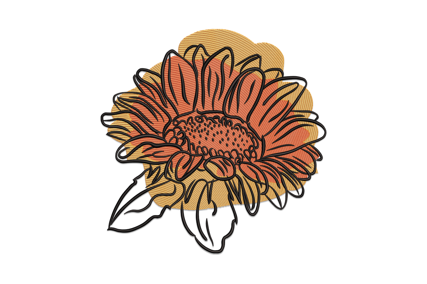 Hand-drawn sunflower sketch embroidery design with loose golden petals, textured brown seed centre and green stem on cream cotton fabric
