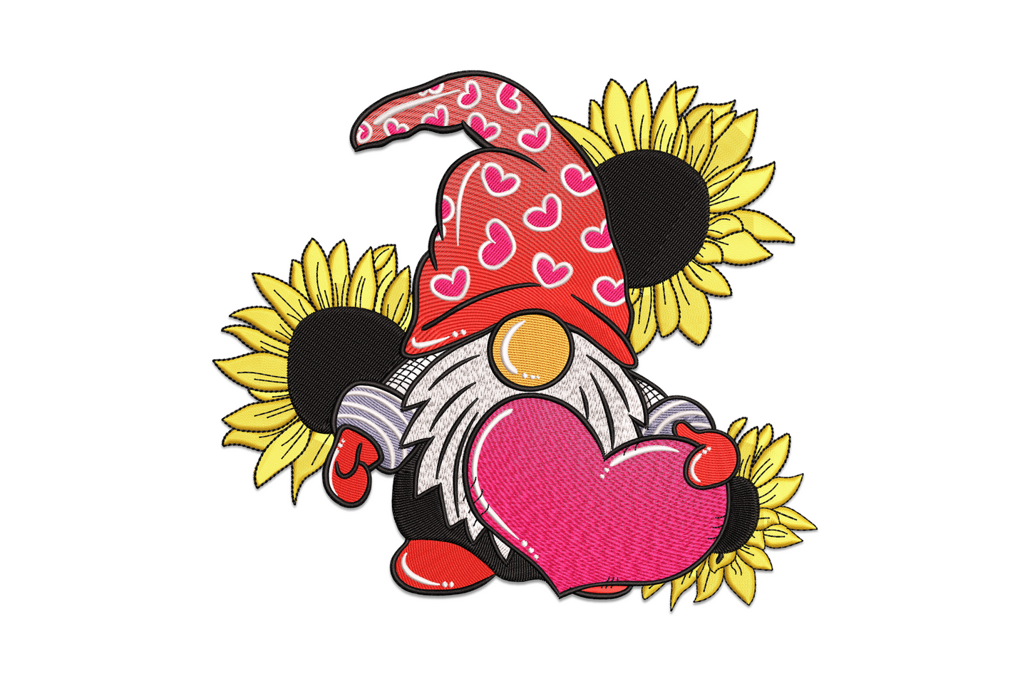 Sunflower valentine gnome embroidery, pink heart in hand, golden sunflowers flanking, red heart-dotted hat and striped mittens.