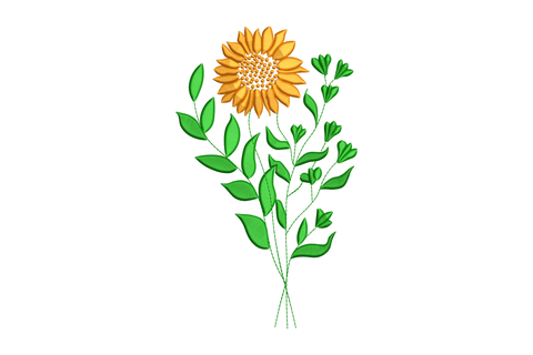 Sunflower wildflower stem embroidery design, 2 colours dark green and orange, tall botanical stem, 5 sizes 5548 to 11586 stitches