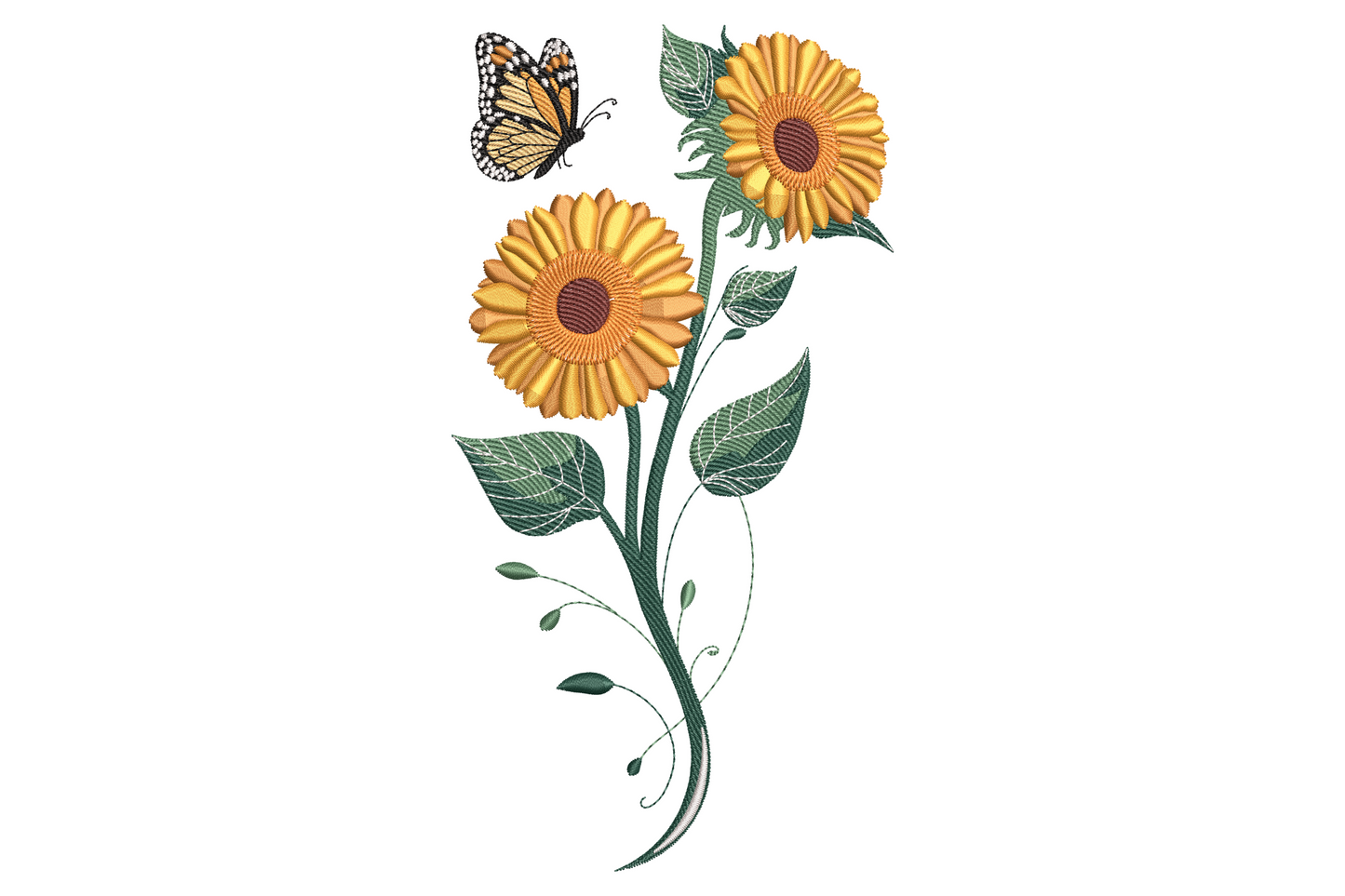 Machine embroidery design of two orange sunflowers stacked with a monarch butterfly on top and green leaf stem in ten colours