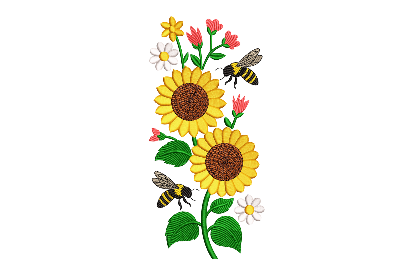 Embroidered design of sunflowers and bees on a white background