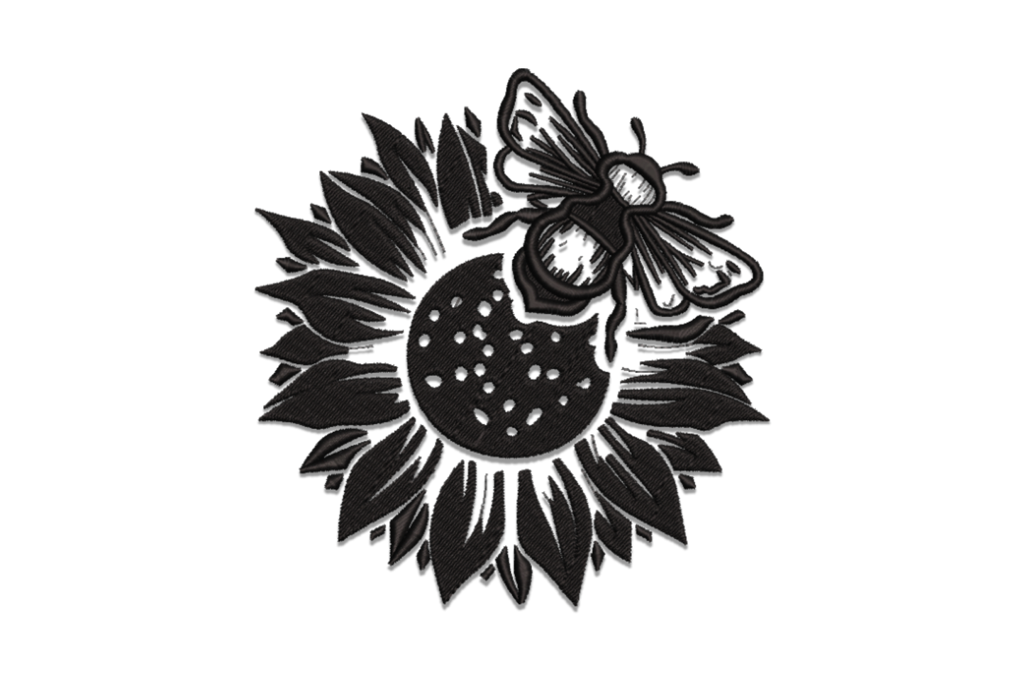 Sunflower with bee detailed line art embroidery design in single black thread showing full sunflower head with bee perched on top, fine botanical style