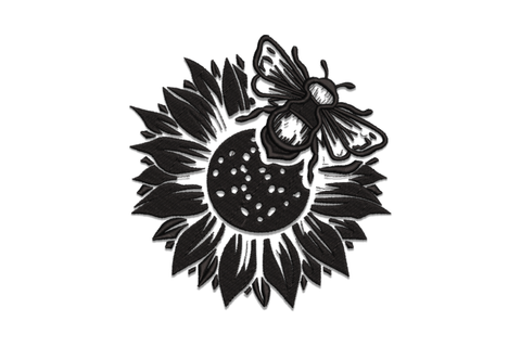 Sunflower with bee detailed line art embroidery design in single black thread showing full sunflower head with bee perched on top, fine botanical style