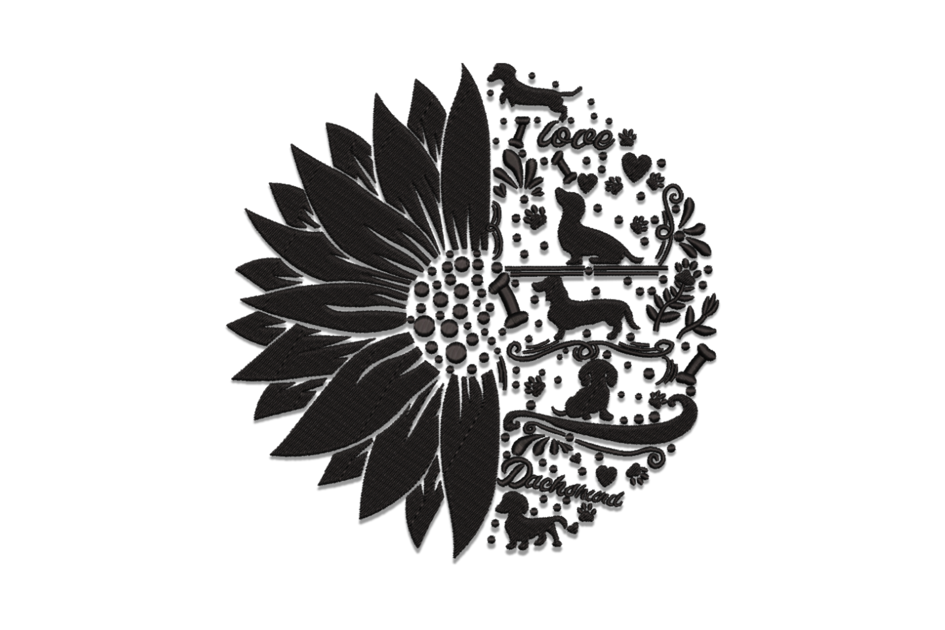 Circular split embroidery design, left half large sunflower with radiating petals, right half dachshund collage with paw prints and I love script, black and white two color design
