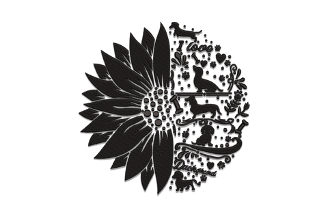 Circular split embroidery design, left half large sunflower with radiating petals, right half dachshund collage with paw prints and I love script, black and white two color design