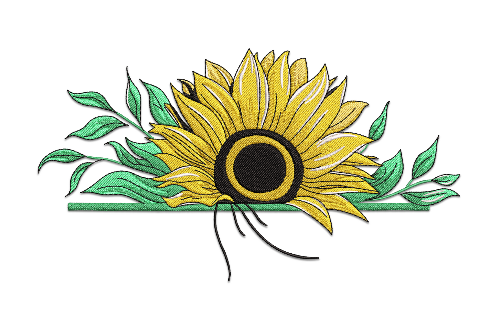 Bold sunflower embroidery design with golden yellow petals, near-black disc centre and wide spread of pointed green leaves, landscape format.